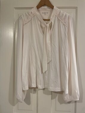 LOFT Cream Tie-Neck Long-Sleeve Blouse